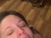 Daddy rewards submissive slut for deepthroat with huge facial cumshot. 