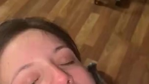 Daddy rewards submissive slut for deepthroat with huge facial cumshot. 