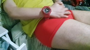 RED WATCH GUY BIG COCK INSIDE RED CALVIN KLEIN BOXERS DADDY IS JERKING OFF