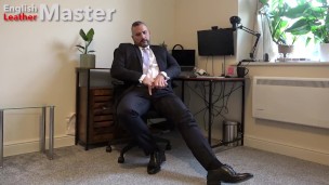 DILF in suit and tie jerks his uncut cock before online meeting cums on formal shoes PREVIEW