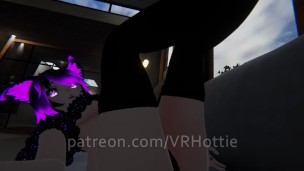 Purple Busty Cat Girl in Undies Gives Foot Job POV Lap Dance on Couch Under Boob