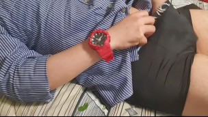 RED WATCH GUY BIG COCK INSIDE BLACK CALVIN KLEIN GLOSSY BOXERS DADDY IS JERKING OFF