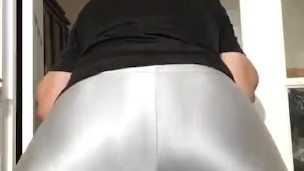 Twerking on my shiny spandex while exercising on handcuffs