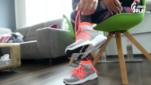 Taking care of her smelly feet after gym workout, POV (stinky feet, gym shoes, gym feet, bare feet)