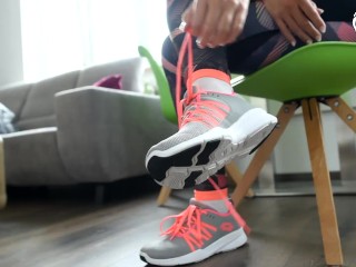 Taking care of her smelly feet after gym workout, POV (stinky feet, gym shoes, gym feet, bare feet)
