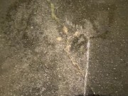 Desperate Pee Girl Sprays her Driveway with multiple huge Pee streams 10/16