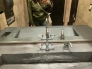 Naughty Slut wearing Crotchless Leggings sprays a Public Bathroom floor with Piss! 15/16