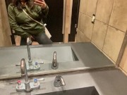Naughty Slut wearing Crotchless Leggings sprays a Public Bathroom floor with Piss! 2/16