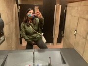Naughty Slut wearing Crotchless Leggings sprays a Public Bathroom floor with Piss! 3/16