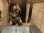 Naughty Slut wearing Crotchless Leggings sprays a Public Bathroom floor with Piss! 5/16