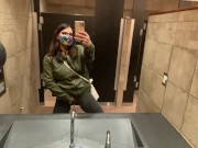 Naughty Slut wearing Crotchless Leggings sprays a Public Bathroom floor with Piss! 6/16