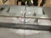 Naughty Slut wearing Crotchless Leggings sprays a Public Bathroom floor with Piss! 7/16