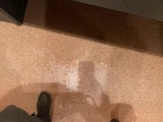 Naughty Slut wearing Crotchless Leggings sprays a Public Bathroom floor with Piss! 9/16