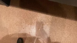 Naughty Slut wearing Crotchless Leggings sprays a Public Bathroom floor with Piss!