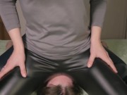 Two girls in leather leggings choke a guy's assю Ass in leather leggings smothers guy 14/16