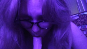 BBW wearing glasses deep throats dildo