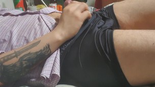 RED WATCH GUY BIG COCK INSIDE BLACK CALVIN KLEIN BOXERS TRUNKS GLOSSY DADDY IS JERKING OFF