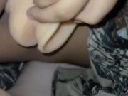 Ebony chick thrusts her wet pussy full with white dildo 12/16