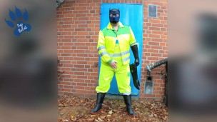 hiviz workie pup pawing off outdoors