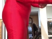 Pole humping & rubbing, gagged, and spanks wearing red spandex