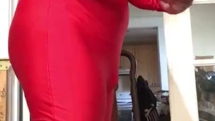 Pole humping & rubbing, gagged, and spanks wearing red spandex