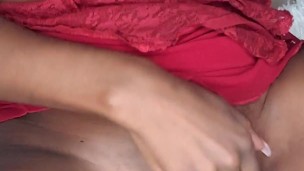 Petite Ebony playing with small tits, jilling, and masturbating in red lingerie 