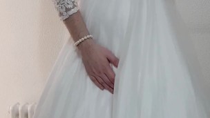 Sissy crossdresser bride cums in wedding dress and lingerie
