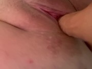 Curvy blonde, perfect huge tits, fucks pussy with dildo