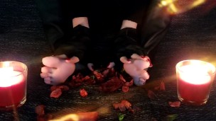 ASMR feet fetish video - teading and seductive feet playing with dried leaves, leather pants and glo