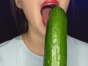 Testing little mouth with a huge cucumber. Drool, deep throat. 1/16