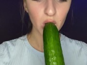 Testing little mouth with a huge cucumber. Drool, deep throat. 11/16