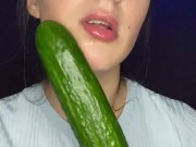 Testing little mouth with a huge cucumber. Drool, deep throat. 12/16
