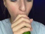 Testing little mouth with a huge cucumber. Drool, deep throat. 13/16