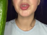 Testing little mouth with a huge cucumber. Drool, deep throat. 14/16