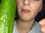 Testing little mouth with a huge cucumber. Drool, deep throat. 15/16