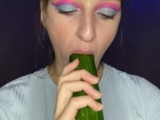 Testing little mouth with a huge cucumber. Drool, deep throat. 16/16