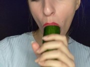 Testing little mouth with a huge cucumber. Drool, deep throat. 2/16