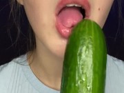 Testing little mouth with a huge cucumber. Drool, deep throat. 4/16