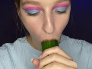Testing little mouth with a huge cucumber. Drool, deep throat. 5/16