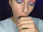 Testing little mouth with a huge cucumber. Drool, deep throat. 6/16