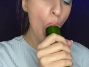 Testing little mouth with a huge cucumber. Drool, deep throat. 9/16