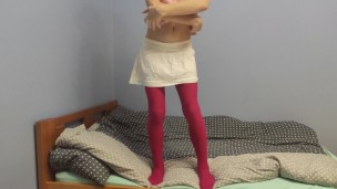 Sissy femboy rides dildo and cums on mirror