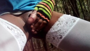 Black Tranny in the Forest flashing her shemale cock outdoors