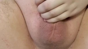 Showing off and poking boyfriend's anus while he masturbates with his big white cock 