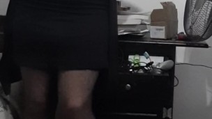 Crossdresser wearing black pantyhose