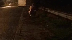 Nude on roadside beside campervan