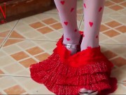 Maid dancing in white lingerie corset and panties. Striptease outdoor. 3/16