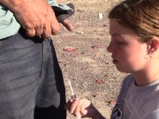 Lavender gives an outside quickie blowjob at the range with a HUGE load and chokes on it 1/16