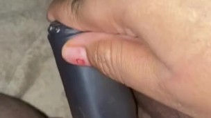 Chubby Black girl fucks her small pussy. Cock barely fits.