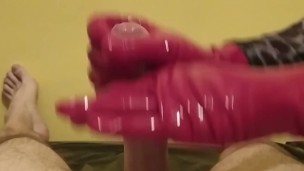 Handjob - he came two times in my red latex gloves